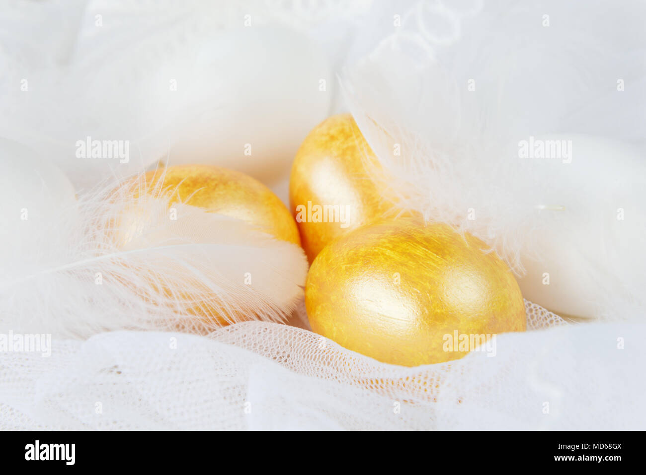 Golden Easter eggs surrounded by white Easter eggs and fluffy white feathers on a lace white background Stock Photo