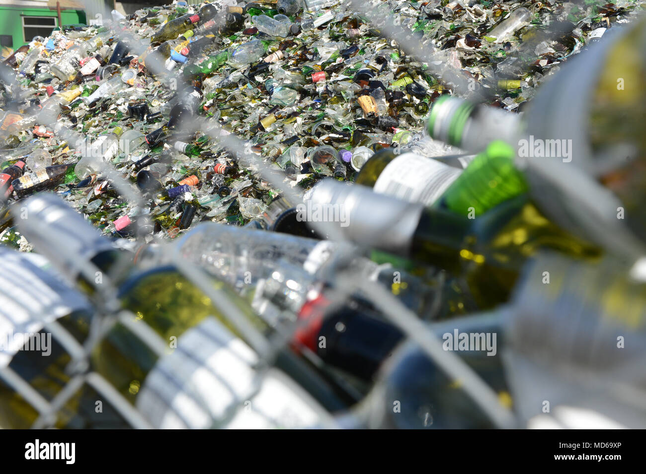 Glass recycling factory in Shetland that breaks down used bottles and jars for use in concrete slabs and sand blasting Stock Photo