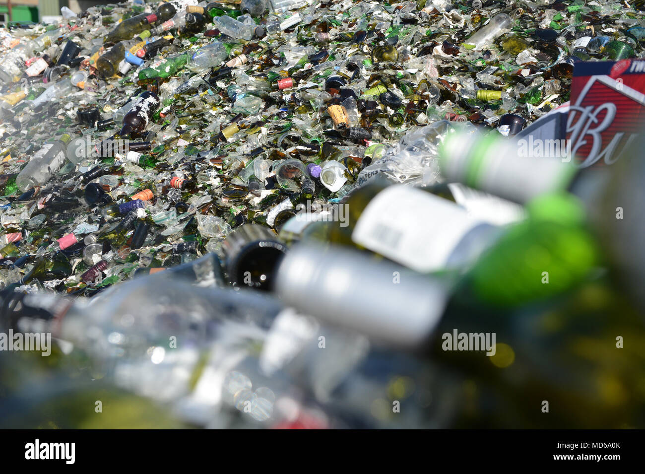 Glass recycling factory in Shetland that breaks down used bottles and jars for use in concrete slabs and sand blasting Stock Photo