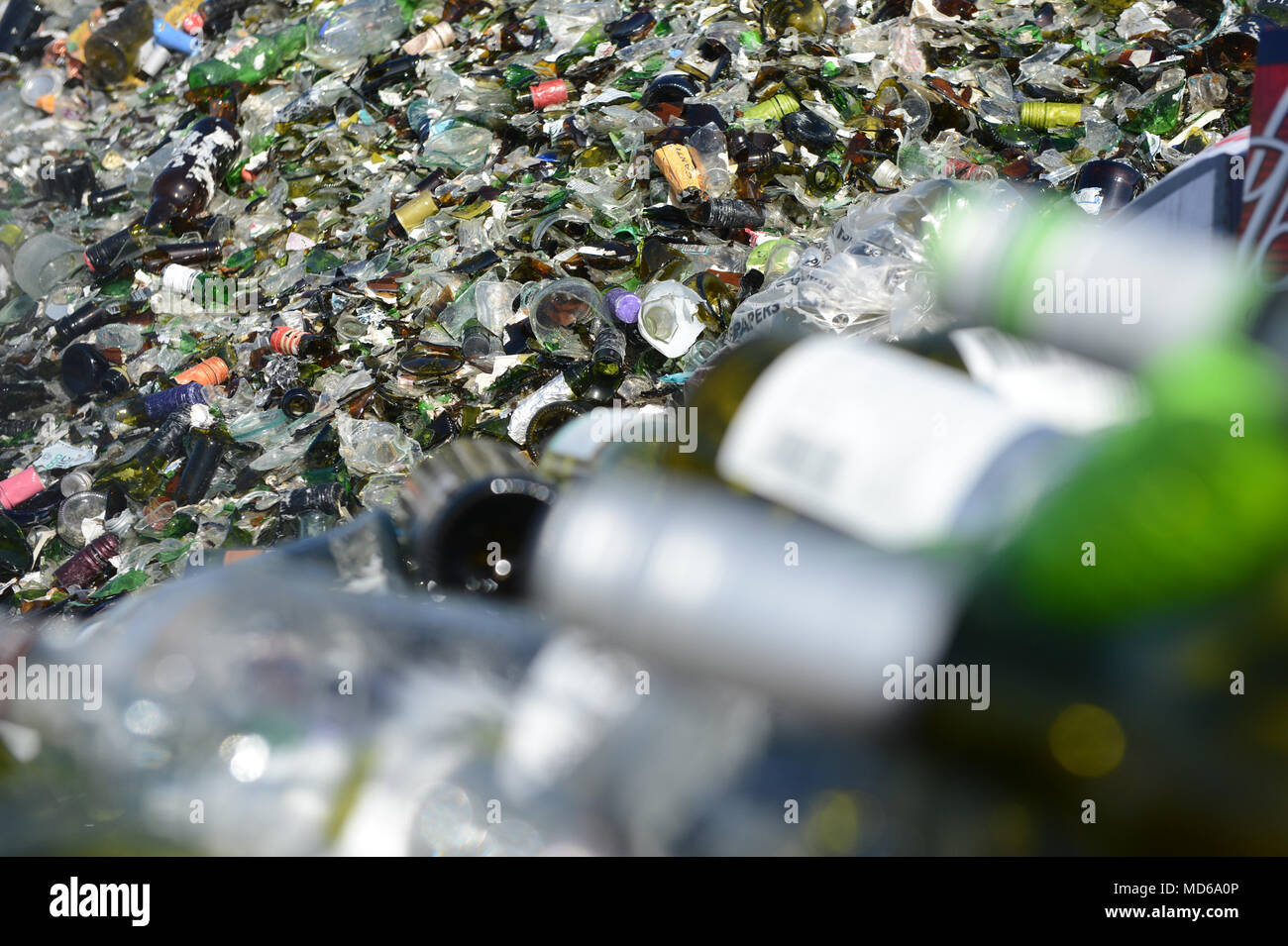 Glass recycling factory in Shetland that breaks down used bottles and jars for use in concrete slabs and sand blasting Stock Photo