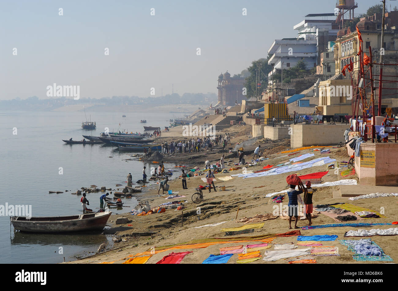 View south down the Ganges, with washermen on the  Lali ghat in foreground Stock Photo