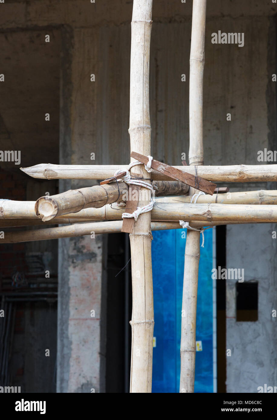 Bamboo scaffolding - close up of tied scaffold joints, Cambodia Asia Stock Photo