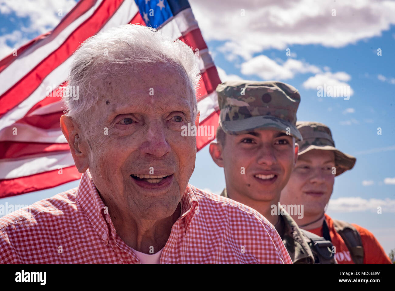 100-year-old Bataan Death March survivor Col. Ben Skardon, a beloved Clemson University alumnus and professor emeritus, walked between 6.5 and 7 miles in the Bataan Memorial Death March at White Sands Missile Range, N.M., March 25, 2018. (Photo by Ken Scar) Stock Photo