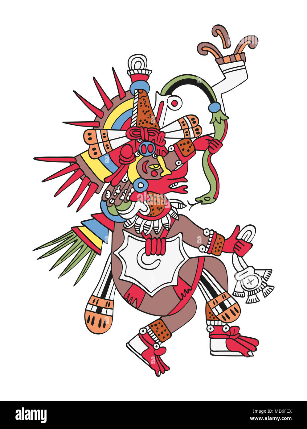 Quetzalcoatl, the feathered serpent. God of Wind and Wisdom. Twin brother of Tezcatlipoca. Deity as depicted in the antique Aztec manuscript painting. Stock Photo