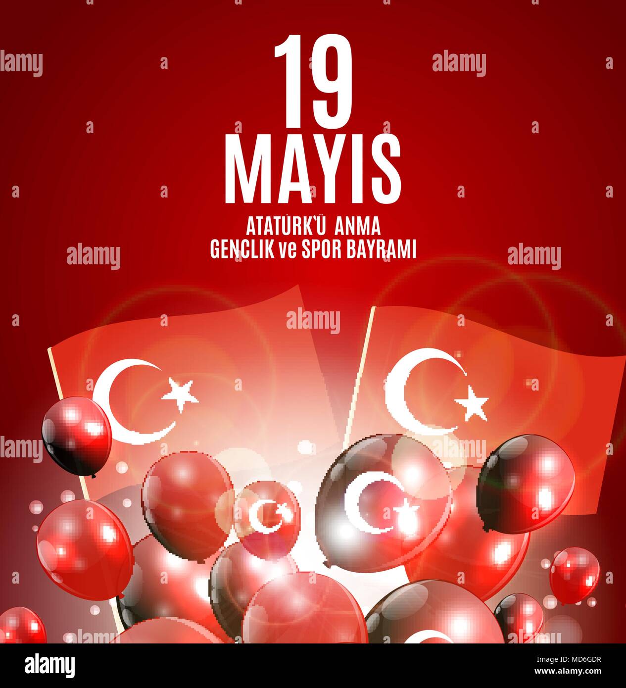 19th may commemoration of Ataturk, youth and sports day (Turkish Speak: 19 mayis Ataturk'u anma, genclik ve spor bayrami).  Turkish holiday greeting card. Vector Illustration Stock Vector