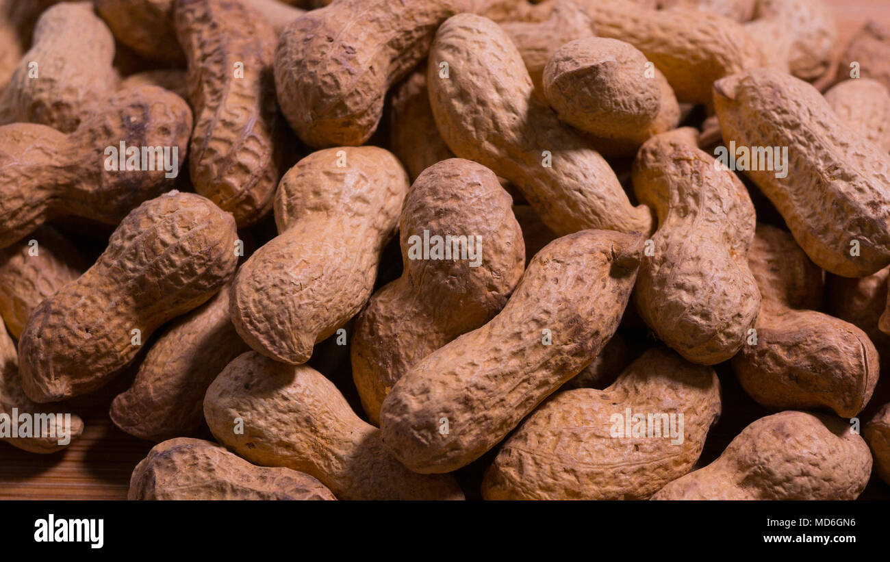 Close up of raw unshelled natural peanuts in the shells. Stock Photo