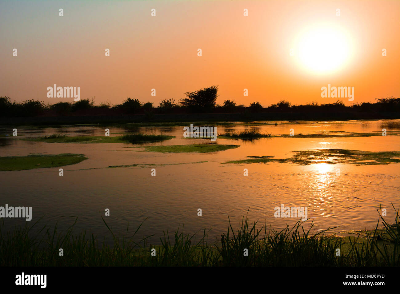 Beutiful sunrise reflected in lake, Jeddah - Saudi arabia Stock Photo