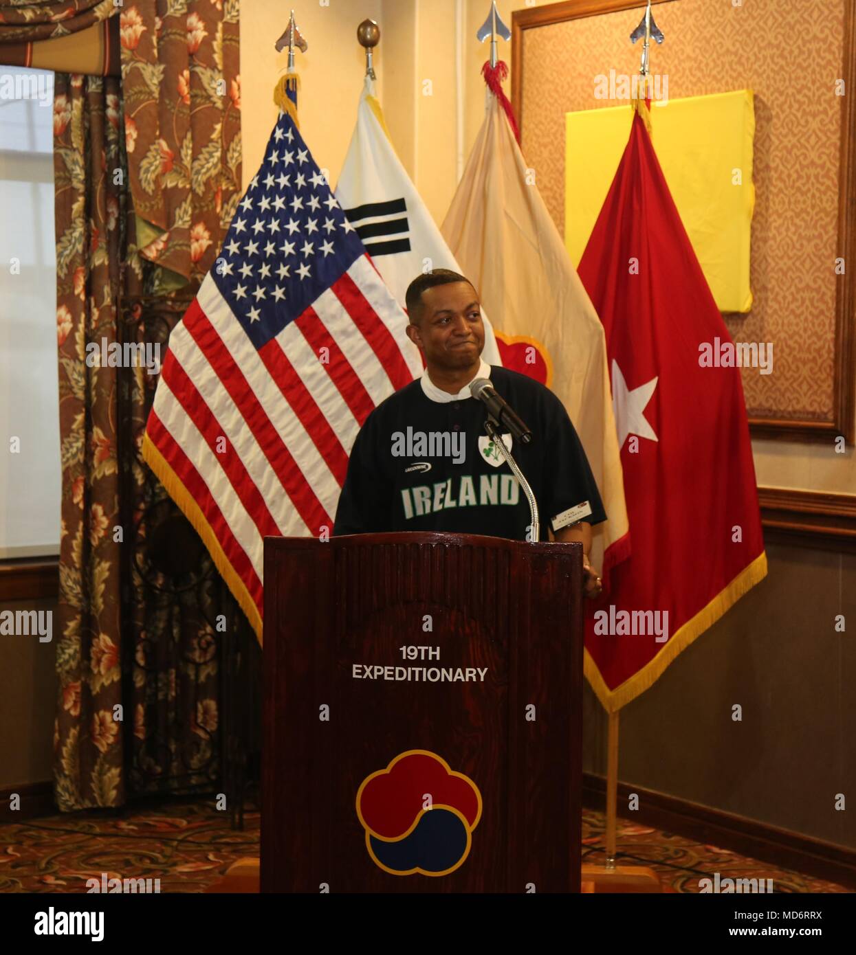 Col. Eric L. Jackson, MSC-K Commander and the U.S. KAFC President, gives his opening remarks at the opening of the 29th KAFC which was held at the Evergreen Community Center, Camp Walker, Daegu, March 30.  (U.S. Army Photo by Cpl. Ilwoong Kong, 19th ESC Public Affairs Office) Stock Photo