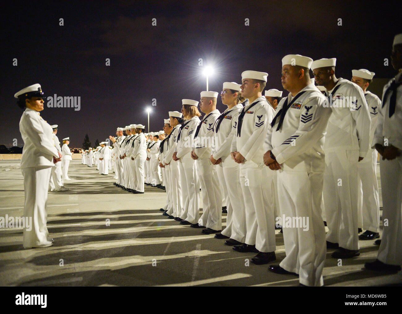 180316-N-PN275-1007 SAN DIEGO (Mar. 16, 2018)  Sailors from Naval Medical Center San Diego”s (NMCSD) Directorate for Administration (DFA) stand in formation during a dress whites inspection. DFA is committed to providing quality, timely, innovative and economical healthcare administration to staff and patients of NMCSD. (U.S. Navy Photo by Mass Communication Specialist 2nd Class Zachary Kreitzer) Stock Photo