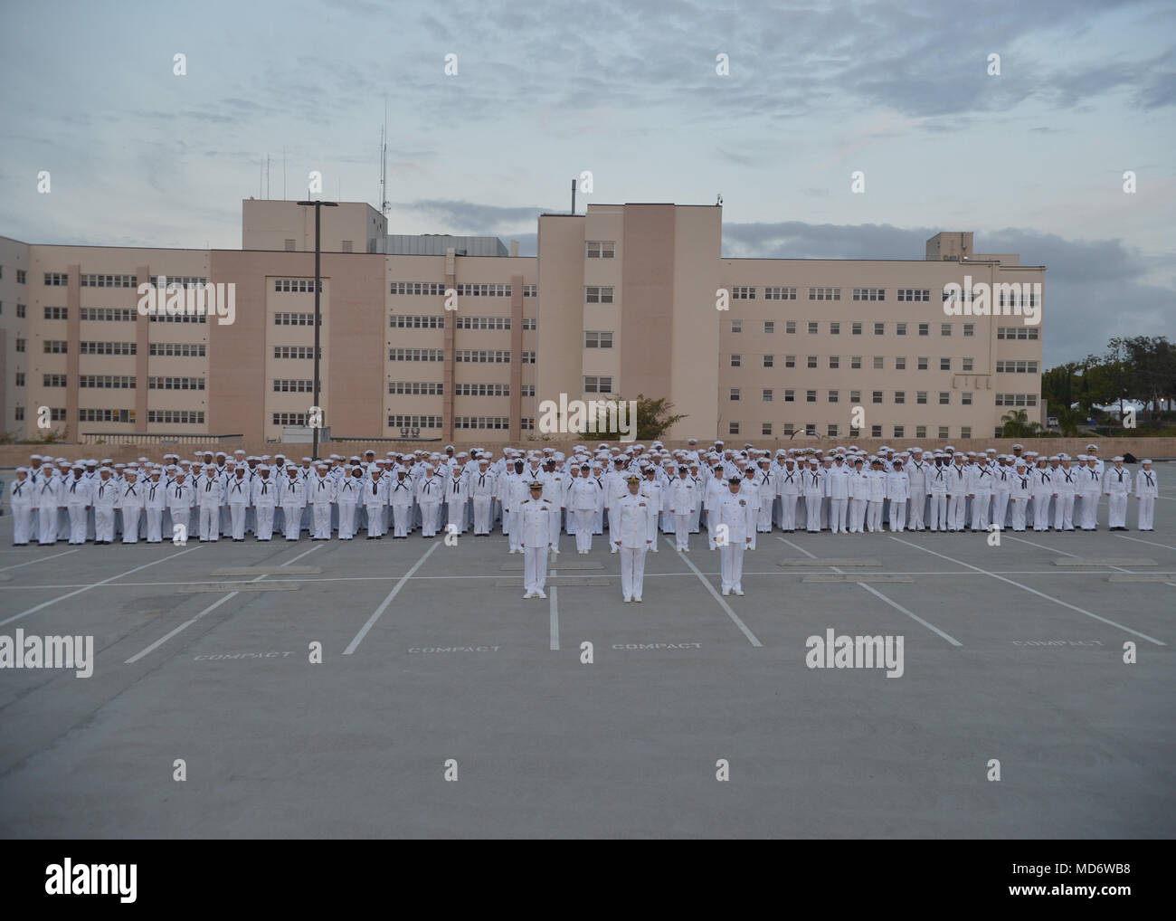 180316-N-PN275-1062 SAN DIEGO (Mar. 16, 2018)  Sailors from Naval Medical Center San Diego”s (NMCSD) Directorate for Administration (DFA) stand in formation for a group photo after an inspection. DFA is committed to providing quality, timely, innovative and economical healthcare administration to staff and patients of NMCSD. (U.S. Navy Photo by Mass Communication Specialist 2nd Class Zachary Kreitzer) Stock Photo