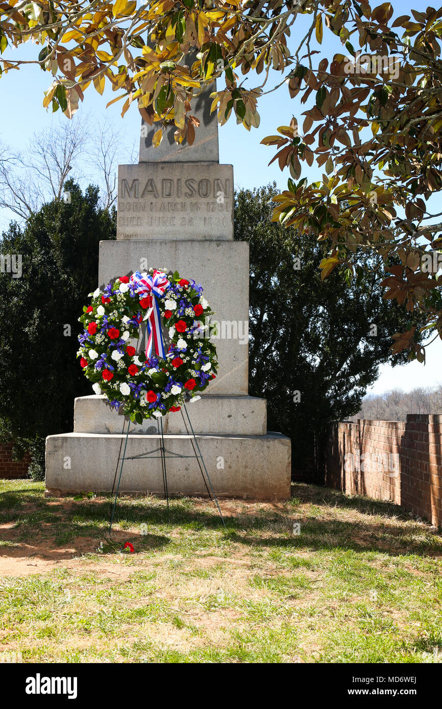 The Presidential wreath stands at the tomb of the 4th President of the United States, James Madison, also known as the Father of the Constitution, at his home at Montpelier, Orange, Va., March 16, 2018. The wreath laying ceremony was held in commemoration of the 267th anniversary of the birth of Madison, born in 1751, and has also been decreed as James Madison Appreciation Day for the Commonwealth of Virginia. (U.S. Marine Corps photo by Lance Cpl. Paige M Verry) Stock Photo