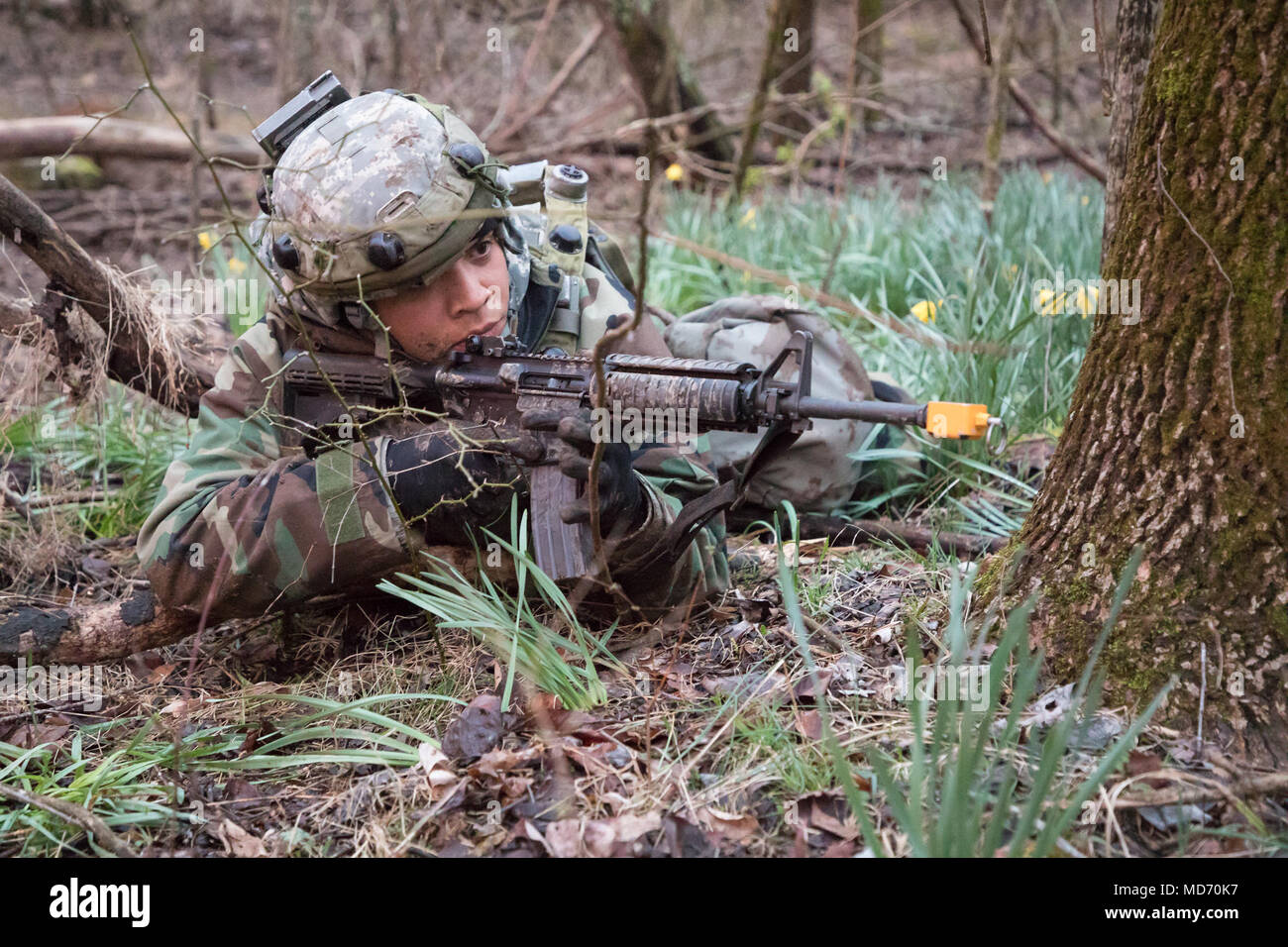 U.S. Army Reserve Sgt. Rogelio Salgado, of the 382nd Combat Sustainment Support Battalion, provides security during the Combat Support Training Exercise (CSTX) at Fort Knox, Kentucky, March 25, 2018. CSTX 2018 ensures Army Reserve units are trained and ready to deploy on short notice and bring capable, combat ready, and lethal firepower in support of the Army and our joint partners anywhere in the world. (U.S. Army photo by Spc. Jesse Coggins) Stock Photo