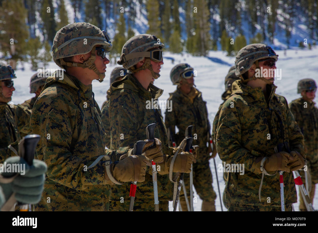U.S. Marines with India Company, 3rd Battalion, 8th Marine Regiment, 2nd Marine Division, attend a safety brief before skiing during Mountain Training Exercise (MTX) 2-18 at Marine Corps Mountain Warfare Training Center, Bridgeport, CA., March 27, 2018. The Marines participated in a combat readiness evaluation in preparation for an upcoming deployment. (U.S. Marine Corps photo by Cpl. Melanye Martinez) Stock Photo