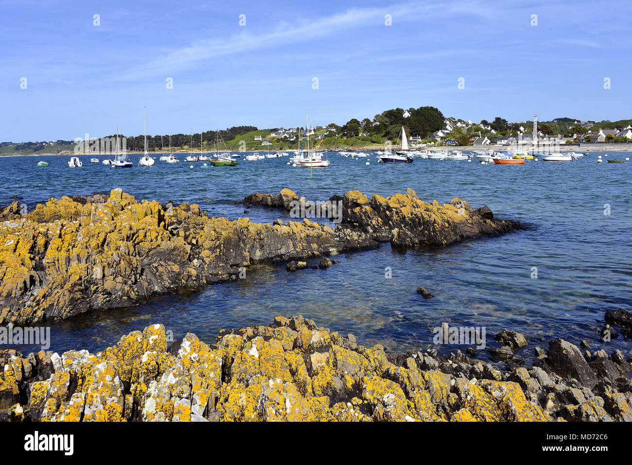 Coastline and marina of Trédrez-Locquémeau, commune in the Côtes-d'Armor department of Brittany in northwestern France Stock Photo