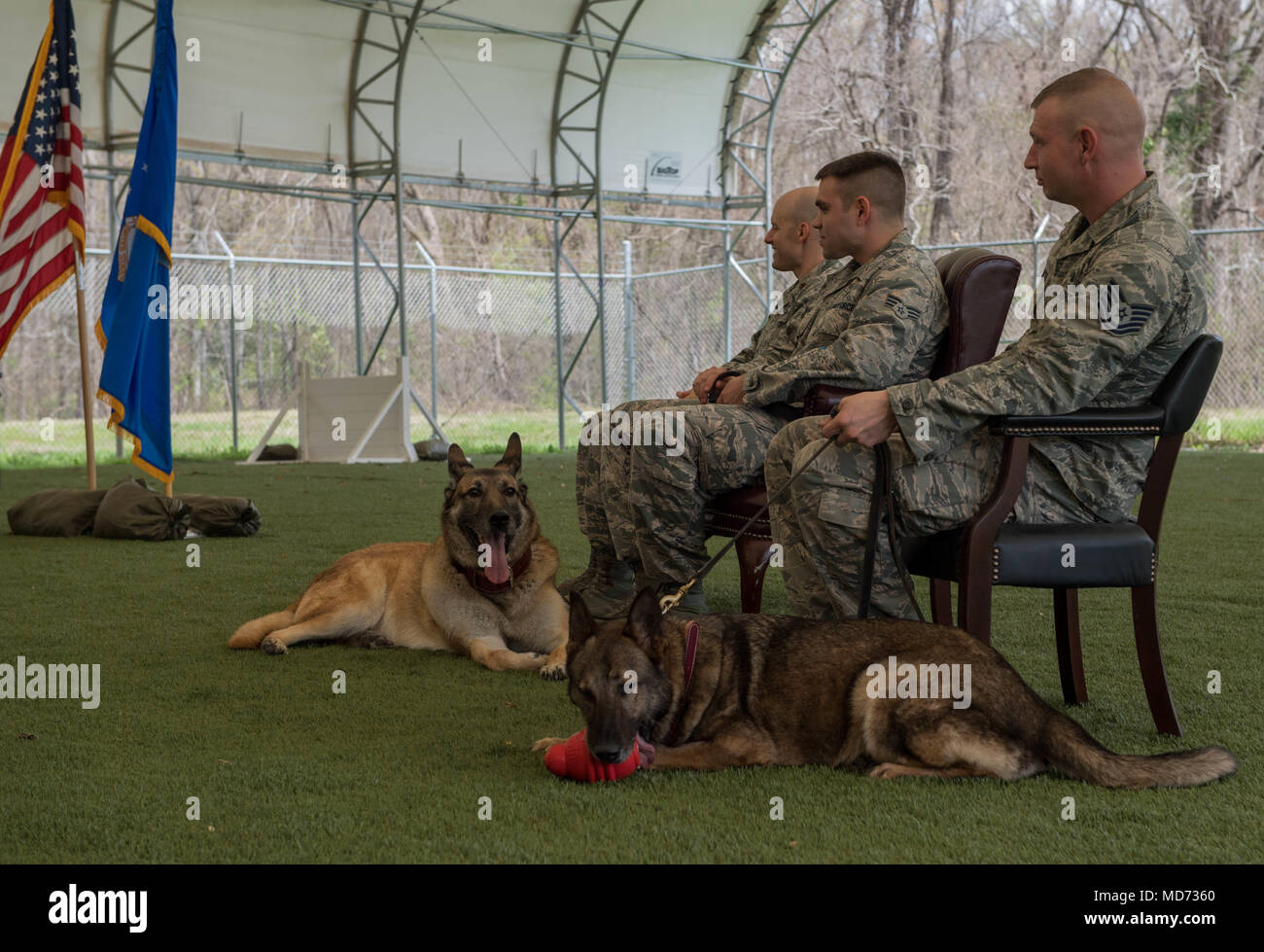 2nd Security Forces Squadron officials sit prior to a military working dog retirement ceremony at Barksdale Air Force Base, La., March 16, 2018. The ceremony was held to honor MWD Kuno and MWD Rico for their services while at the 2nd SFS. (U.S. Air Force photo by Airman 1st Class Tessa B. Corrick) Stock Photo