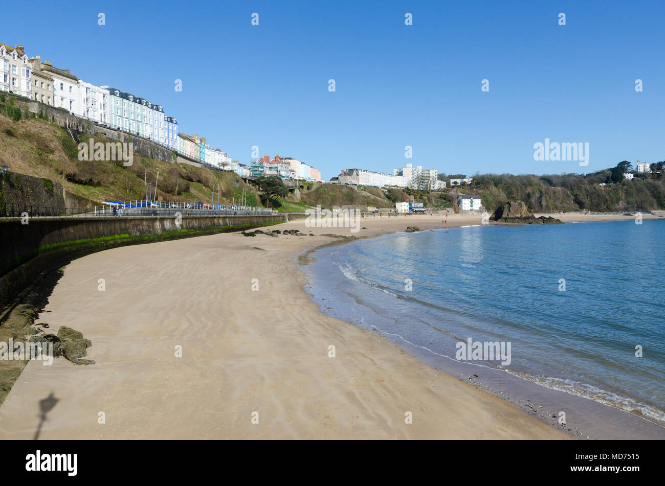 Wide expanse of sandy beach at the Pembrokeshire harbour town of Tenby, Wales Stock Photo