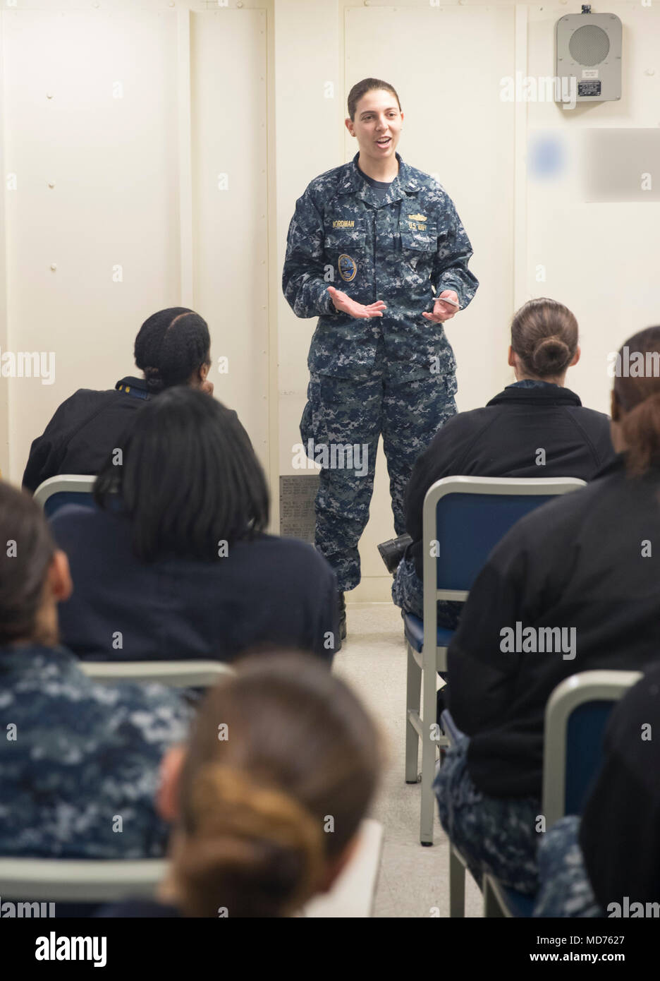 NORFOLK, Va. (Mar. 28, 2018) -- Lt. j.g. Carol Nordman, assigned to USS Gerald R. Ford's (CVN 78) combat systems department, speaks to Sailors during a women's symposium organized by Ford's Multicultural Heritage Committee. The 2018 Women's History Month theme is ' Nevertheless, She Persisted: Honoring Women Who Fight All Forms of Discrimination Against Women.' (U.S. Navy photo by Mass Communication Specialist 3rd Class Sean Elliott) Stock Photo