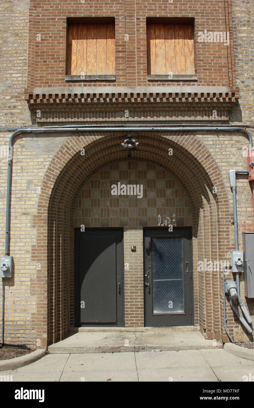 Back alley brick exit doorway of the landmarks Pickwick Theater Stock