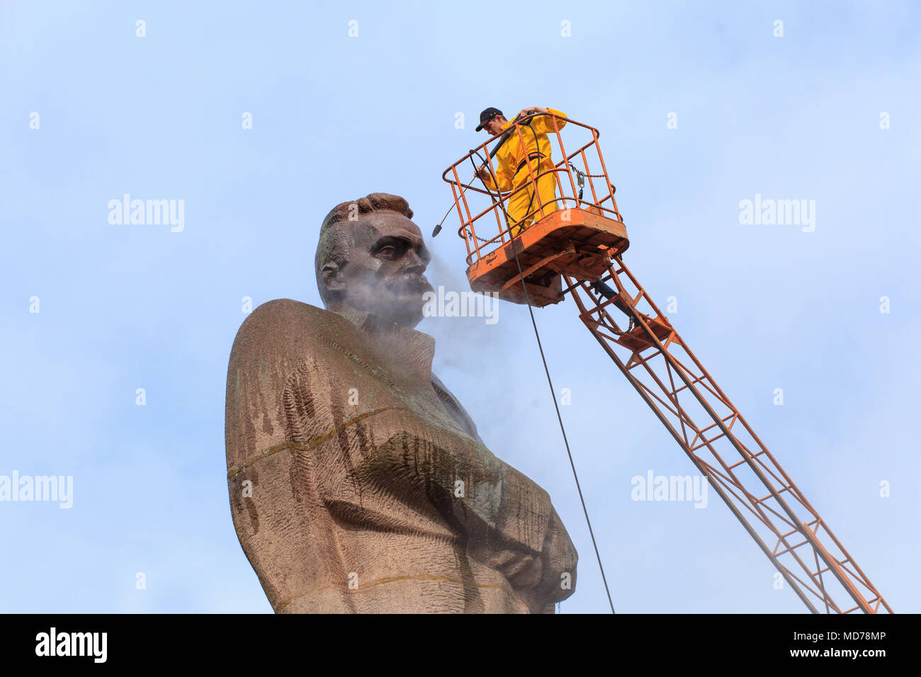 LVIV, UKRAINE April 16, 2018 Cleaning expert clean the monument to