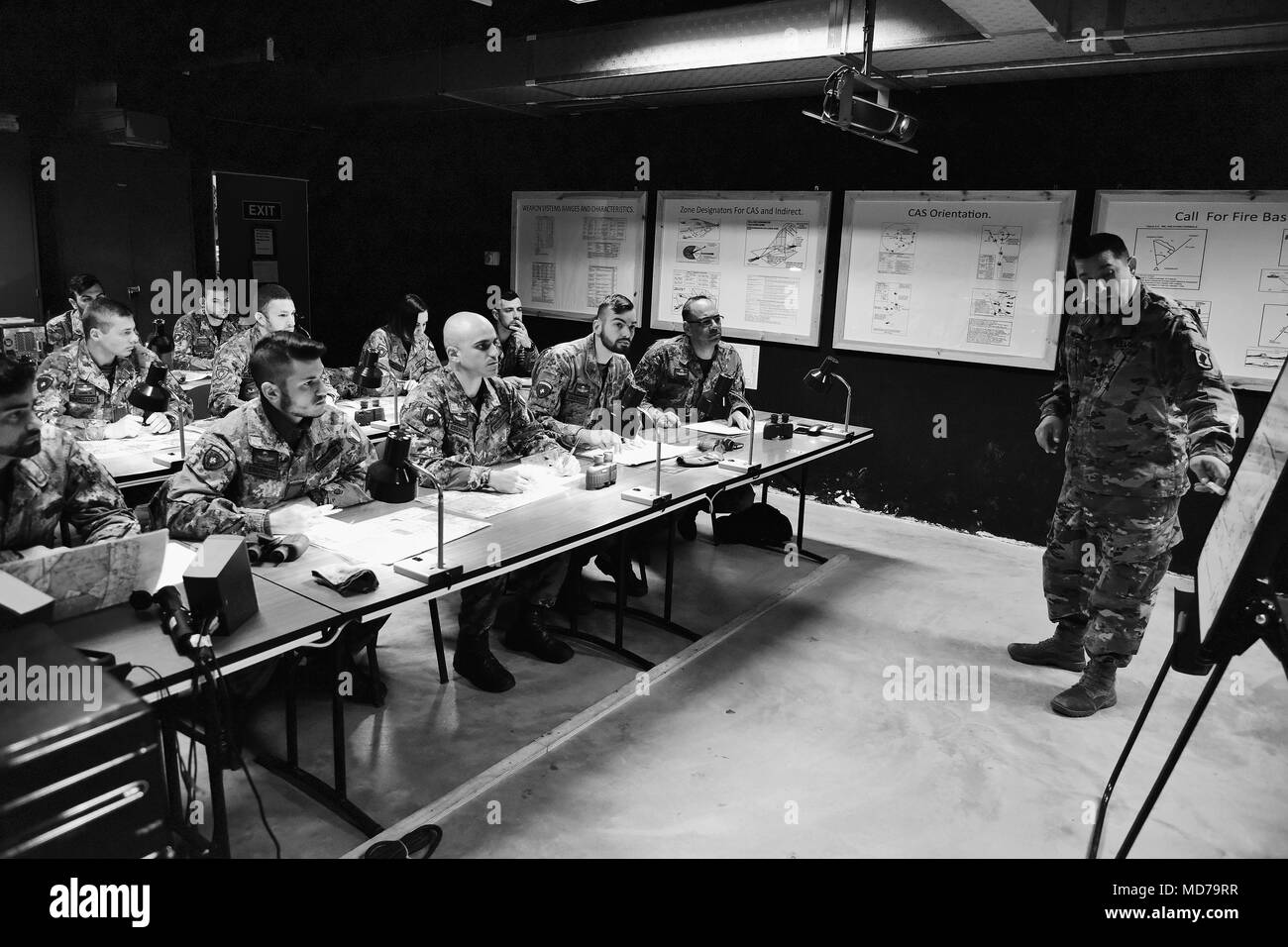 U.S. Army Staff Sgt. Change L. McGraw, a Paratrooper assigned to the 173rd Airborne Brigade instructs Italian Army Paratroopers assigned to Regiment “Savoia Cavalleria” Folgore Brigade Grosseto, during training using Call For Fire Trainer system (CFFT) at Caserma Ederle Vicenza, Italy, March 27, 2018. Italian Paratroopers use U.S. Army RTSD South equipment to enhance bilateral relations and to expand levels of cooperation and the capacity of the personnel involved in joint operations. (U.S. Army photo by Paolo Bovo) Stock Photo