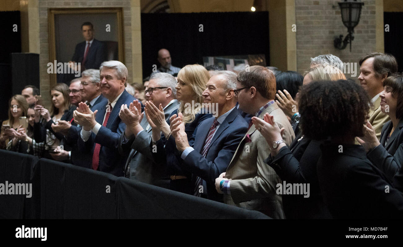 Guests applaud Vice President Mike Pence's commemoration of National Agriculture Day and his remarks regarding President Donald J. Trump's National Ag Day Proclamation at the U.S. Department of Agriculture (USDA) headquarters in Washington, D.C., on March 20, 2018. Vice President Pence's address includes the importance of agriculture and honoring America's farmers, ranchers, and foresters, with a special recognition of youth. Stock Photo