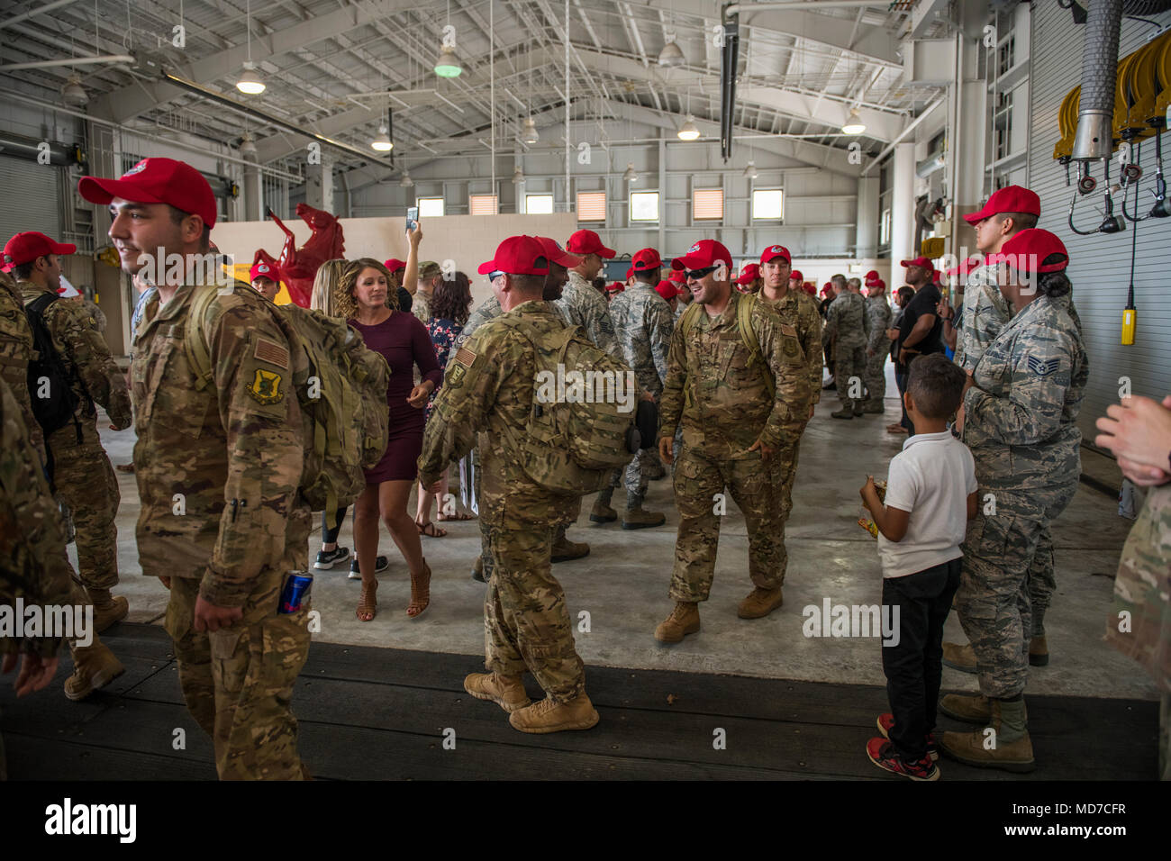 Members of the 823rd RED HORSE Squadron return home from a deployment at  Hurlburt Field, Fla., March 30, 2018. The 823rd RHS is one of four  active-duty units of its kind in