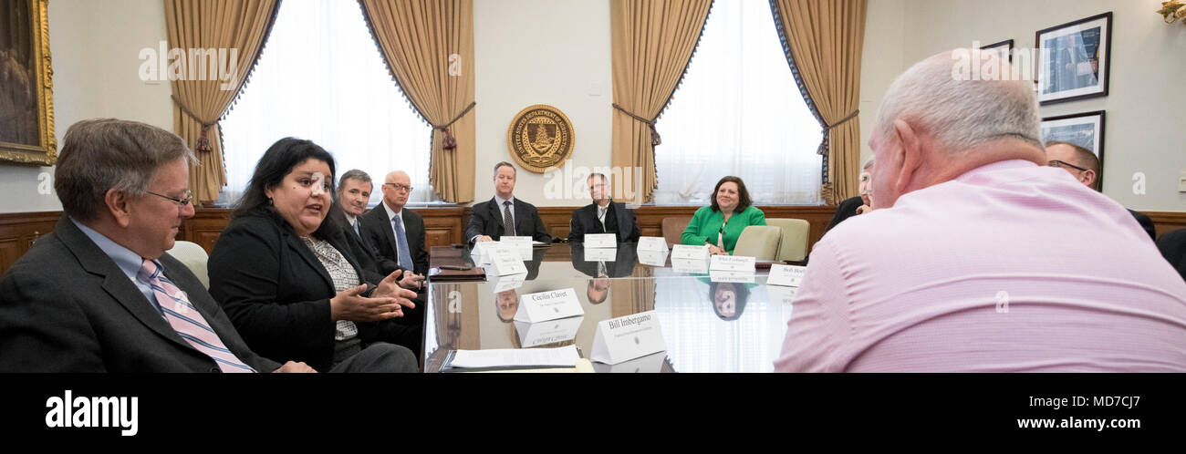 Cecilia Clavet and other forest and community stakeholders speak with U.S. Secretary of Agriculture Sonny Perdue in the U.S Department of Agriculture (USDA) headquarters, Washington, D.C., on March 22, 2018.   In attendance are Bill Imbergamo, Federal Forest Resource Council; Collin O'Mara, National Wildlife Federation; Gary Schiff, National Association of State Foresters; Jay Farrell, National Association of State Foresters; Whit Fosburgh, Theodore Roosevelt Conservation Partnership; Cecilia Clavet, The Nature Conservancy; Pat Rita, National Hardwood Federation; Rita Hite, National Forest Fou Stock Photo