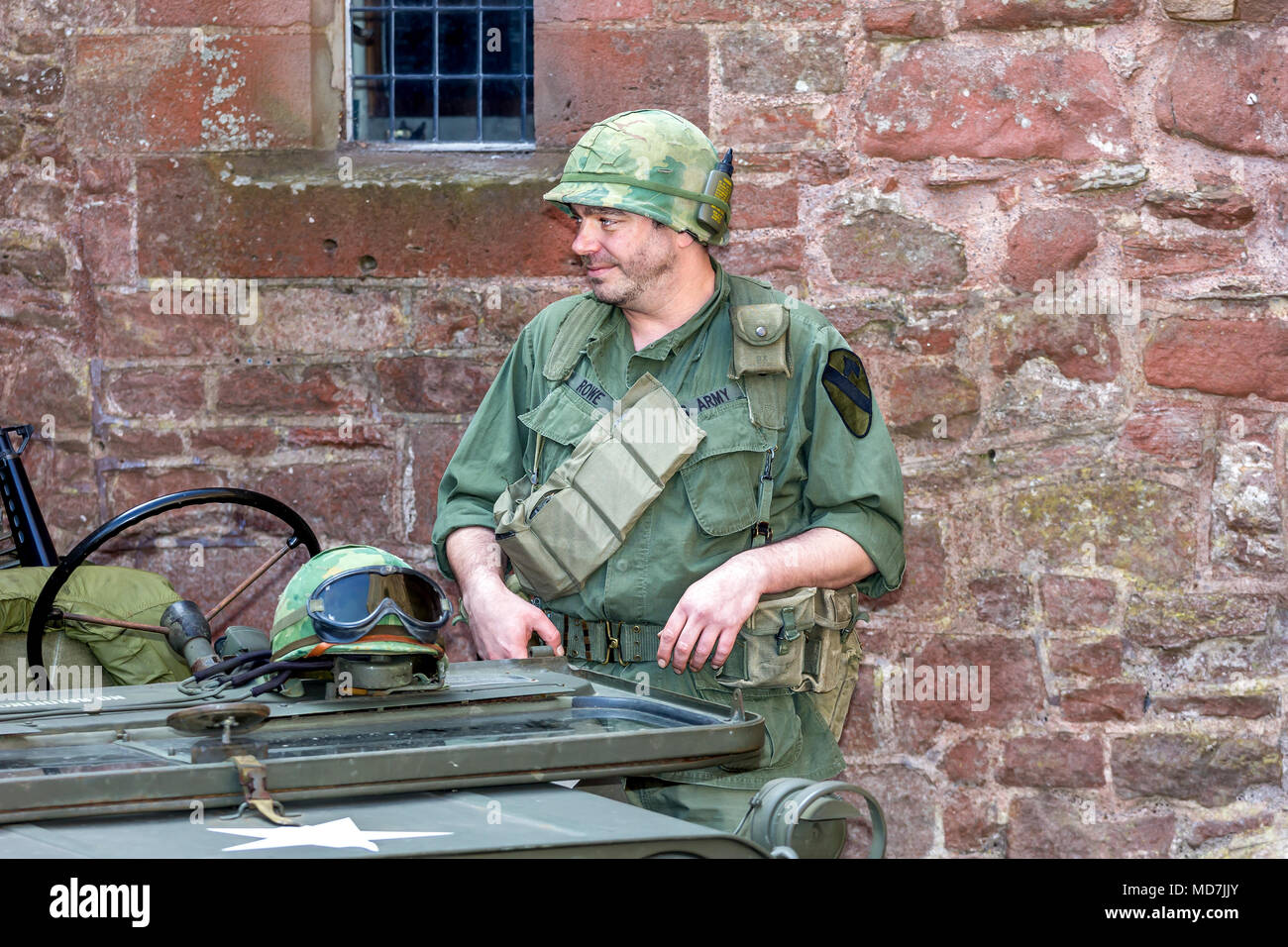 American GI Jeep sentry duty Stock Photo