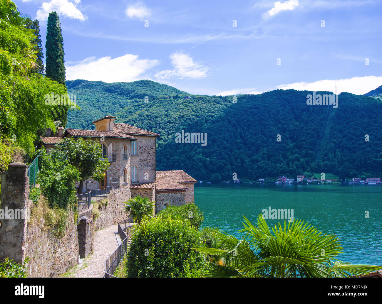stone houses of the ancient Swiss village Morcote, overlooking Lake