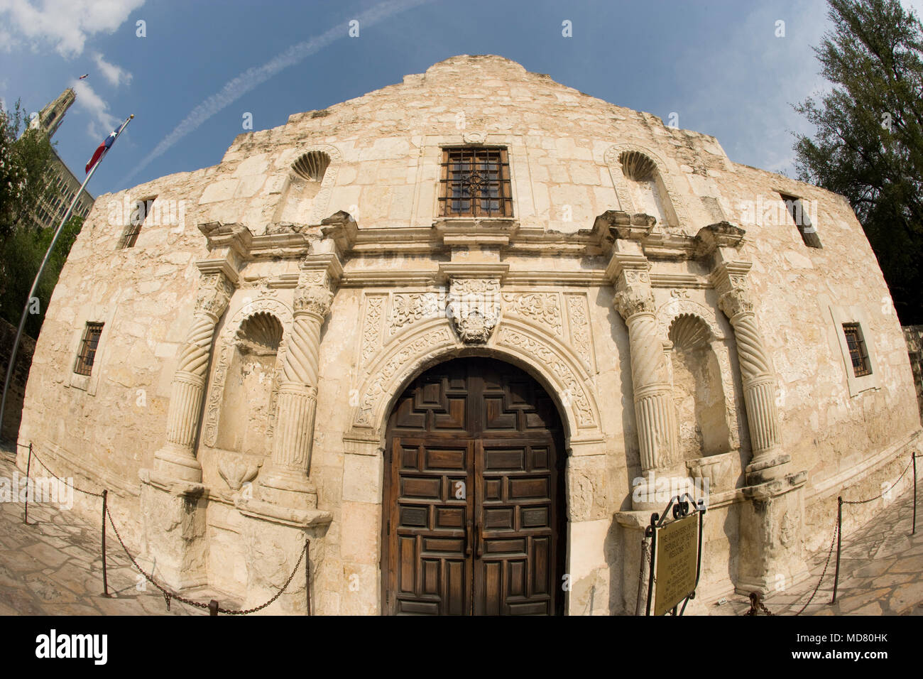 a fisheye photograph of the revered Texas icon, the Alamo in San Antonio, Texas Stock Photo