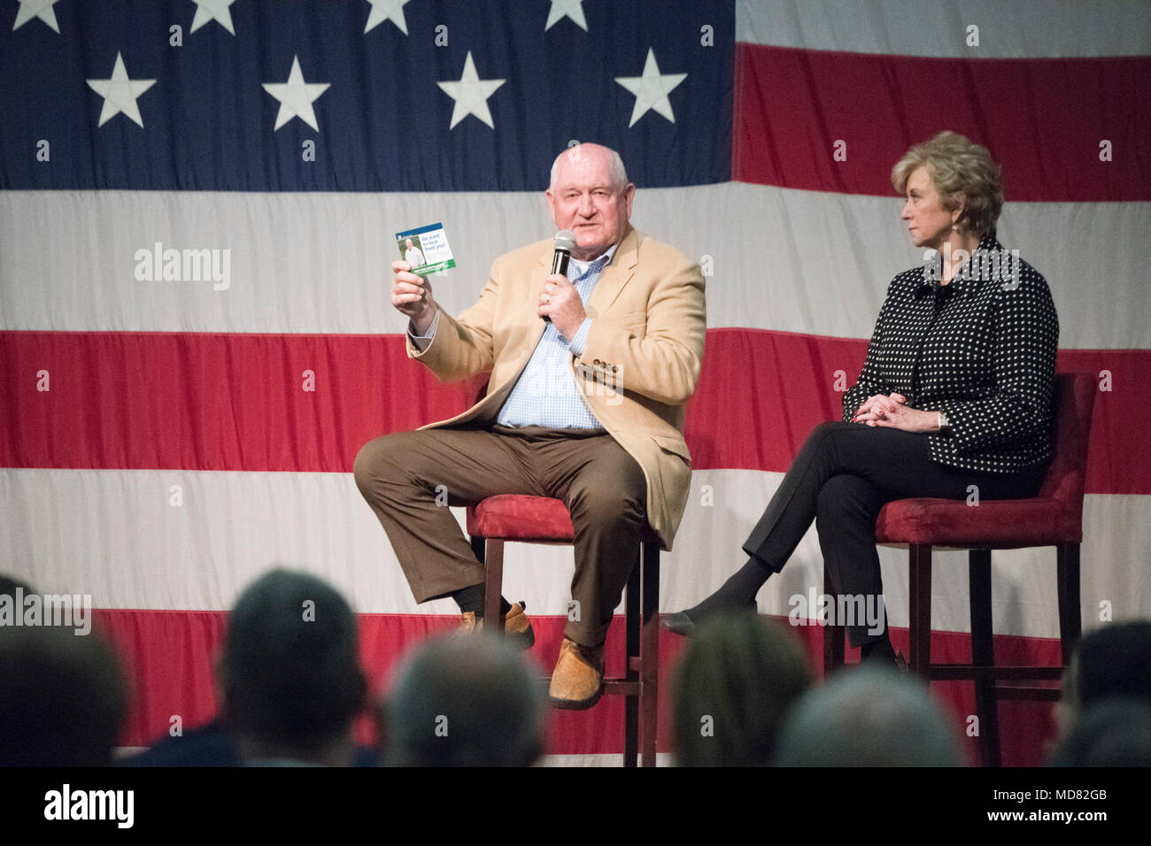 U.S. Secretary of Agriculture Sonny Perdue and Small Business Administration (SBA) Administrator Linda McMahon, take part in a working lunch and conversation with the Lima Chamber of Commerce, and Ohio Farm Bureau, in Lima, OH, on April 4, 2018. This is part of the Third &quot;Back to our Roots&quot; RV tour.  “As always, our ‘Back to our Roots’ RV tour is an opportunity to get out of Washington, D.C. to hear directly from the American people in the agriculture community,” Secretary Perdue said. “While Congress continues its work on the Farm Bill, rural prosperity, and many other agriculture p Stock Photo