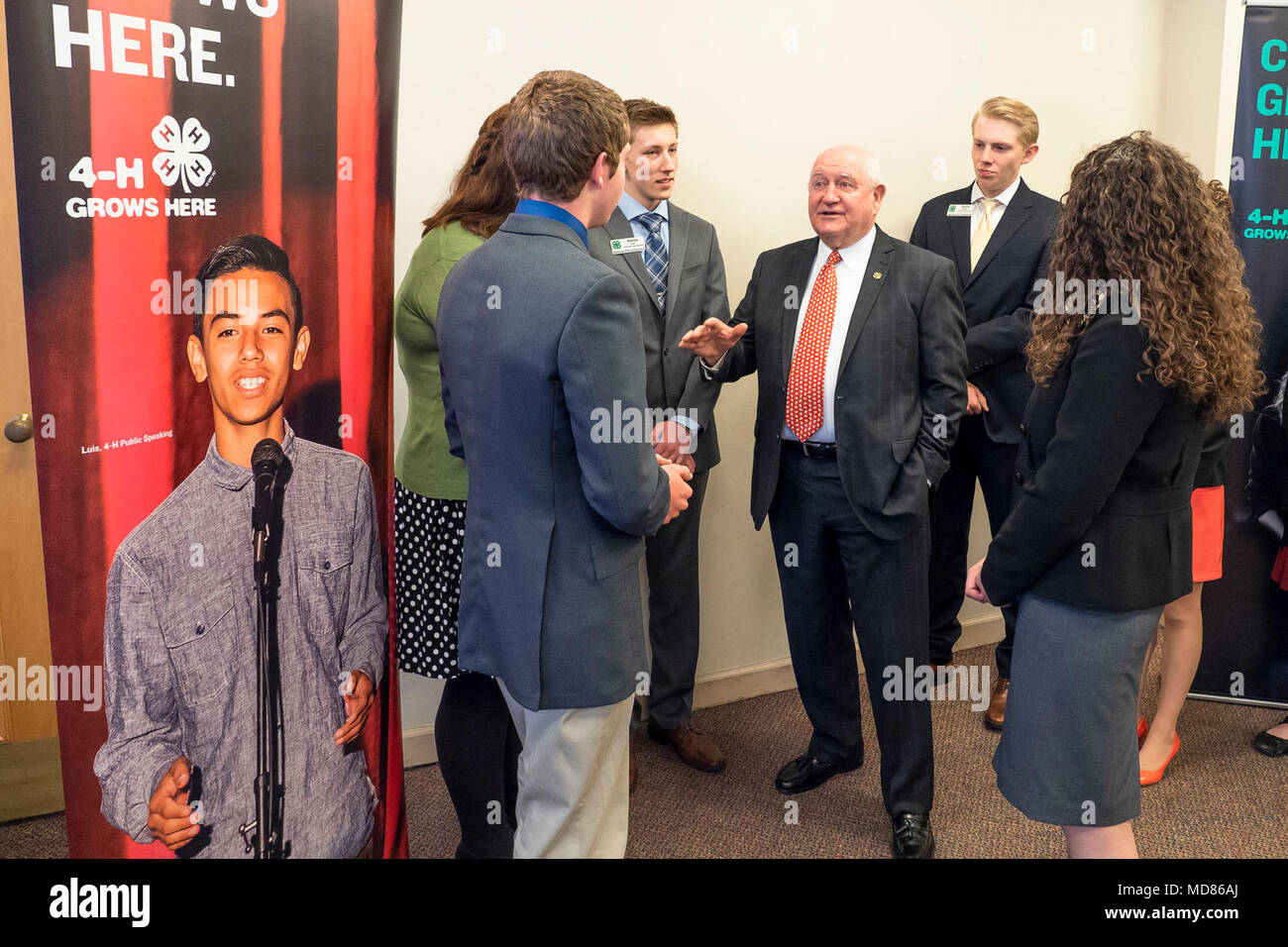 Members of National 4-H visit with U.S. Department of Agriculture (USDA) Secretary Sonny Perdue at the National 4H Conference in Chevy Chase, Md., April, 10, 2018. Stock Photo