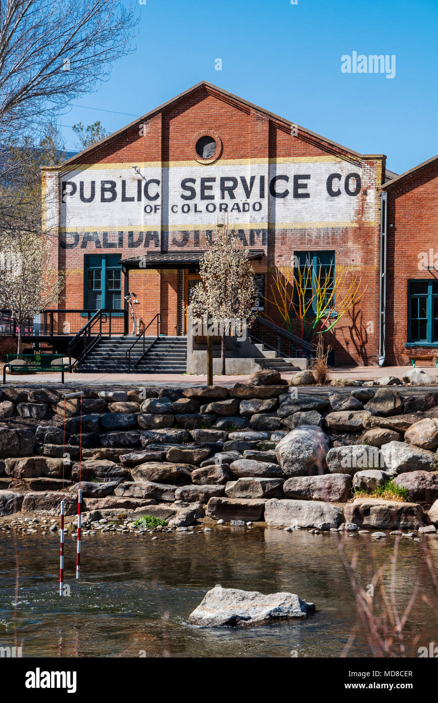 Renovated steamplant, now the Salida SteamPlant Theater and Event Center, historic downtown district, small mountain town of Salida, Colorado, USA Stock Photo