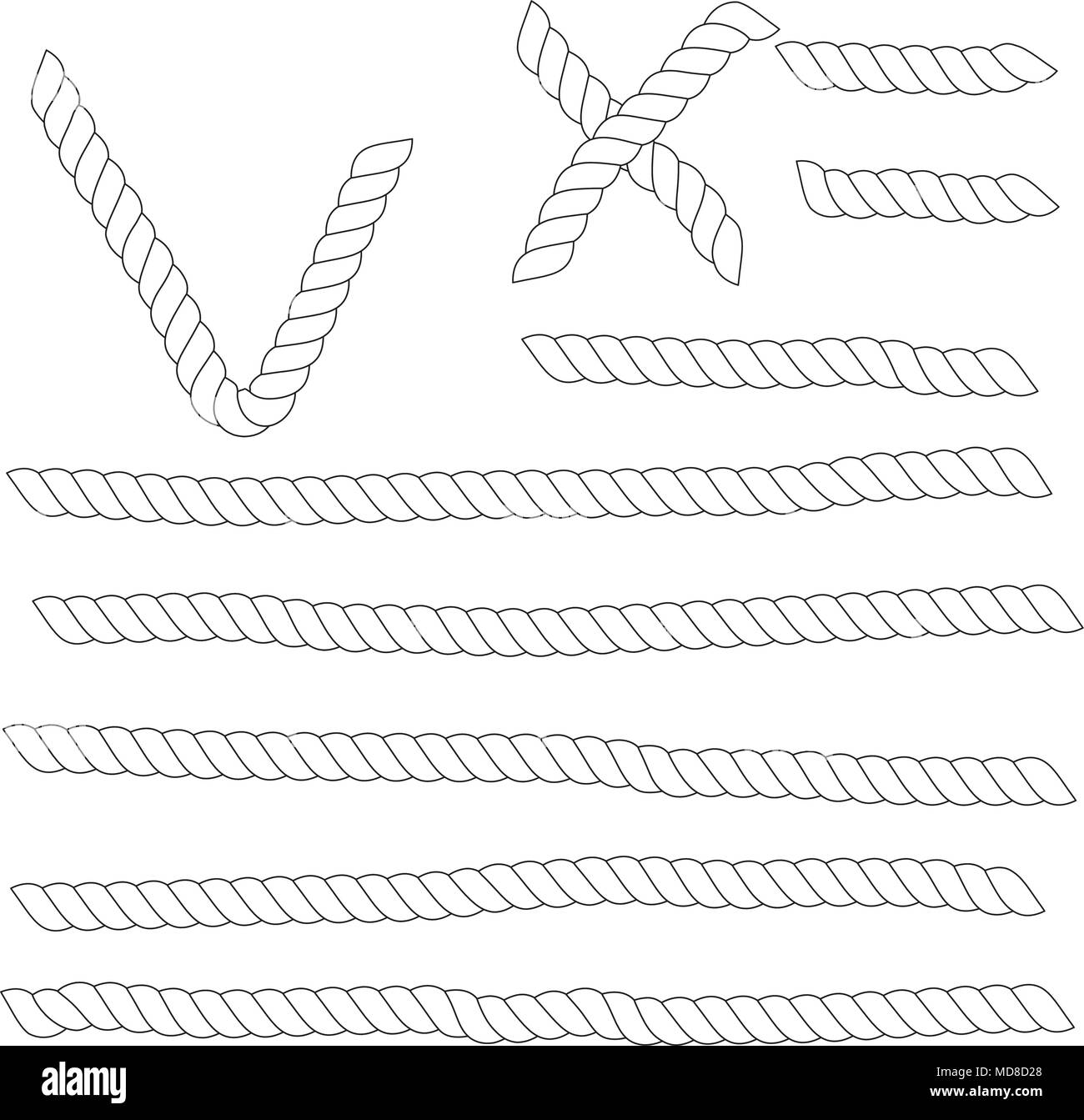 Set of horizontal white ropes with tick and cross symbols are isolated on white background. Stock Vector