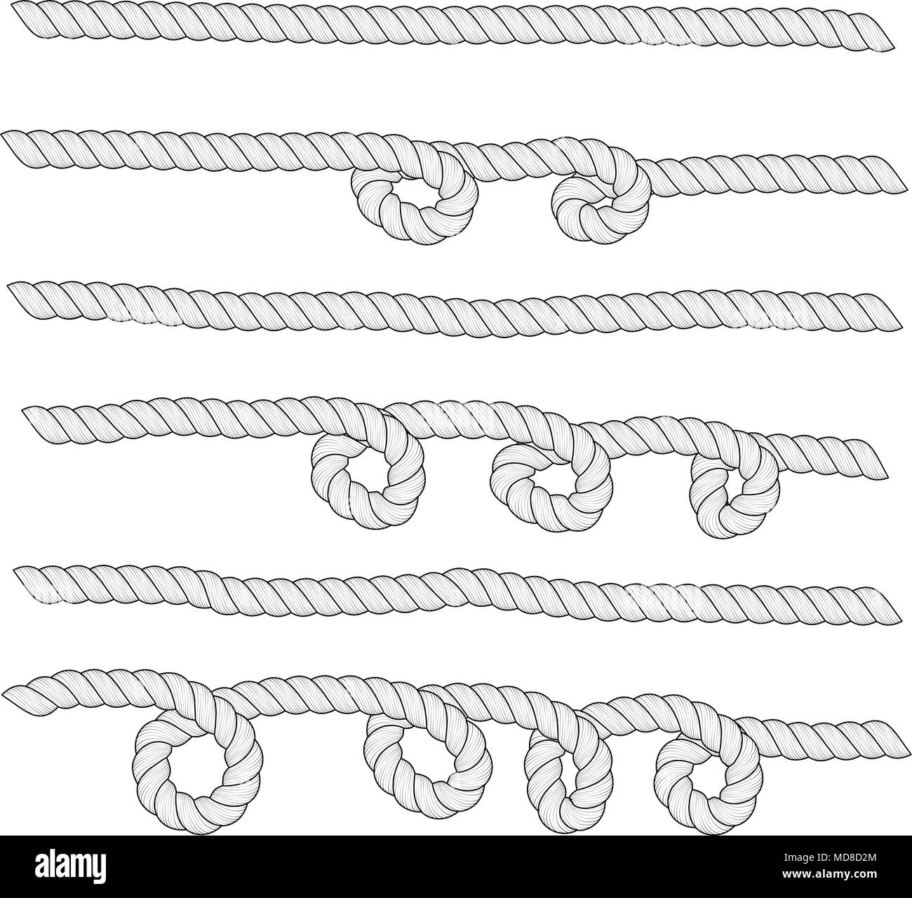 Set of horizontal white ropes with loops are isolated on white background. Stock Vector