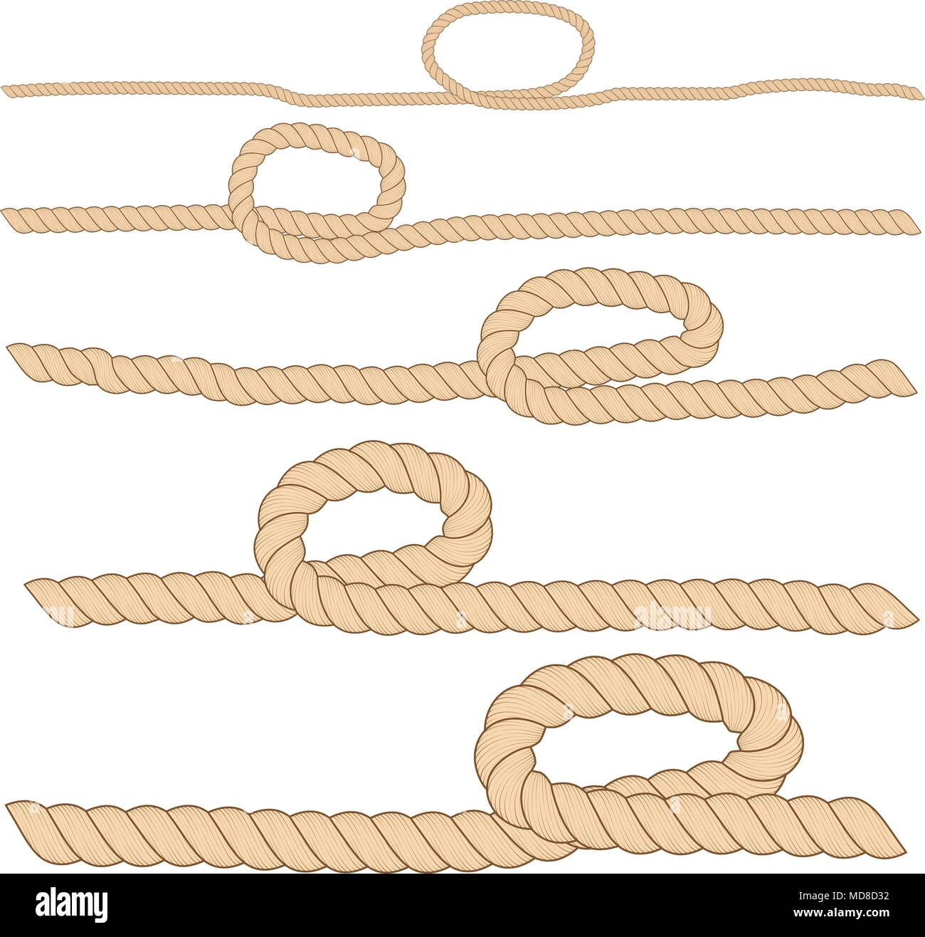 Set of horizontal brown ropes with loops are isolated on white background. Stock Vector