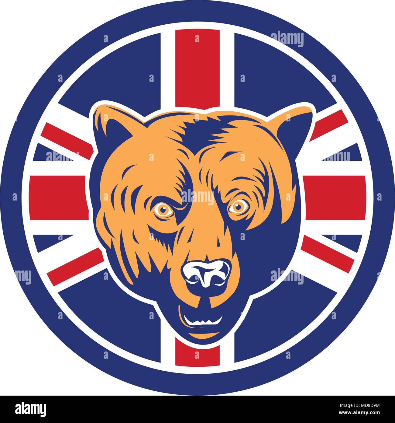 Icon retro style illustration of a British brown bear head with United Kingdom UK, Great Britain Union Jack flag set inside circle on isolated backgro Stock Vector