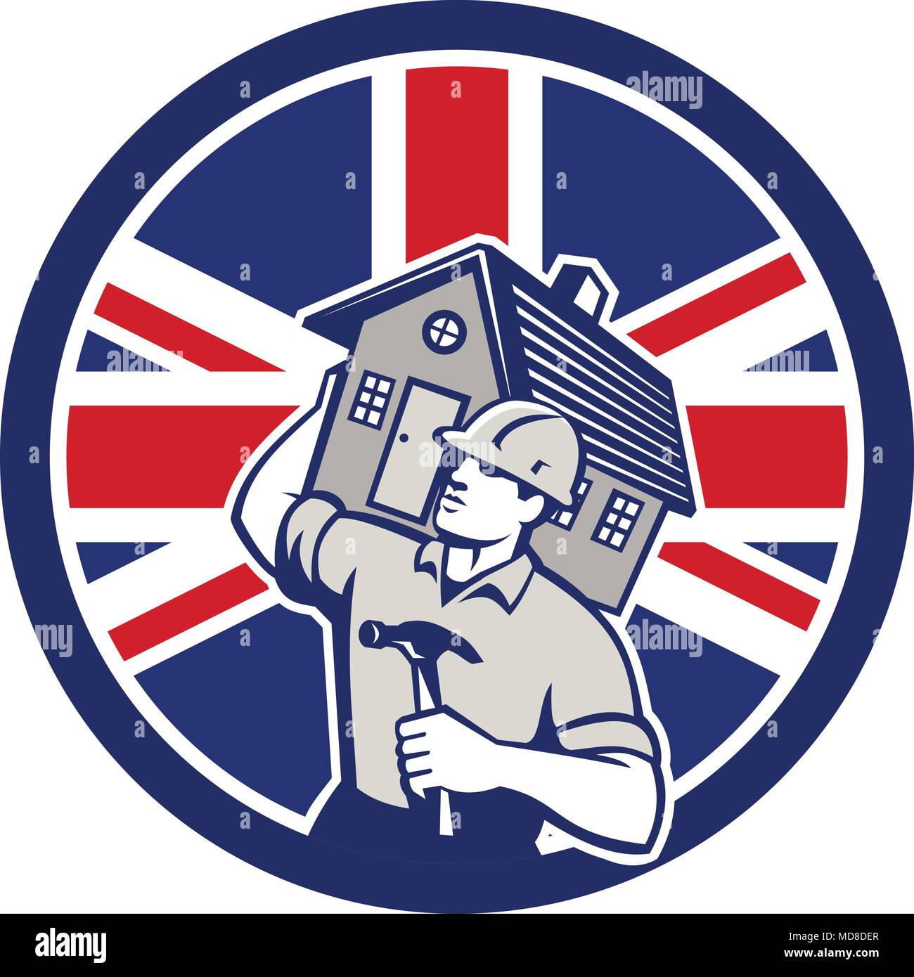 Icon retro style illustration of a British building contractor, builder, handyman, carpenter carrying house with United Kingdom UK, Great Britain Unio Stock Vector