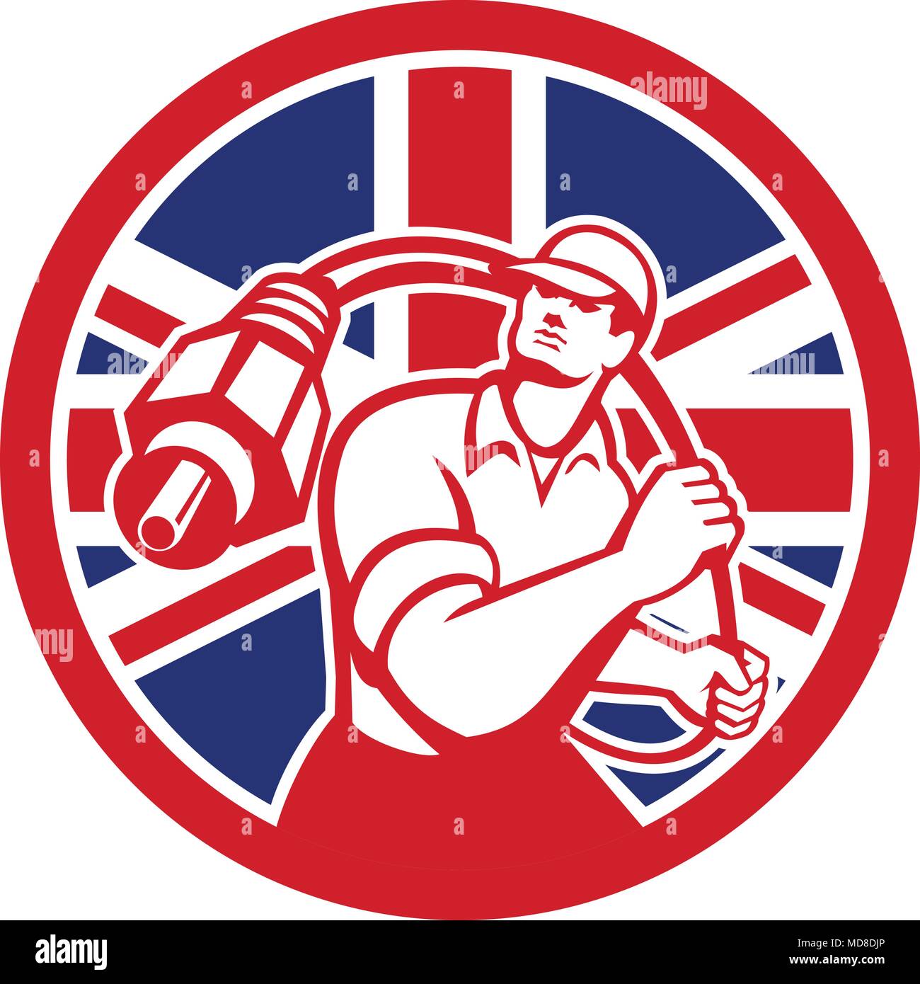 Icon retro style illustration of a British cable installer guy holding RCA plug cable with United Kingdom UK, Great Britain Union Jack flag set inside Stock Vector