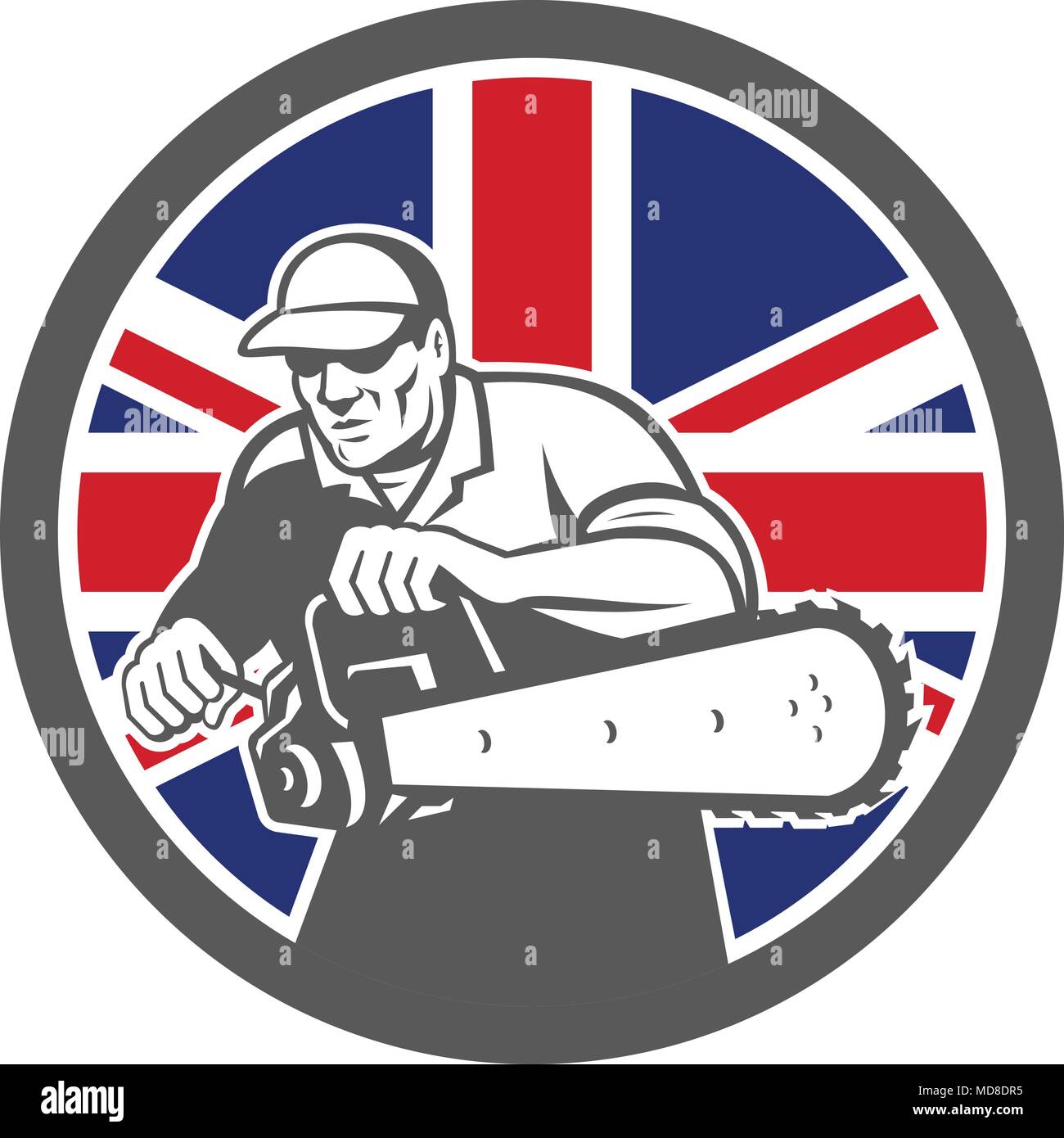 Icon retro style illustration of a British arborist, tree surgeon or lumberjack holding a chainsaw with United Kingdom UK, Great Britain Union Jack fl Stock Vector