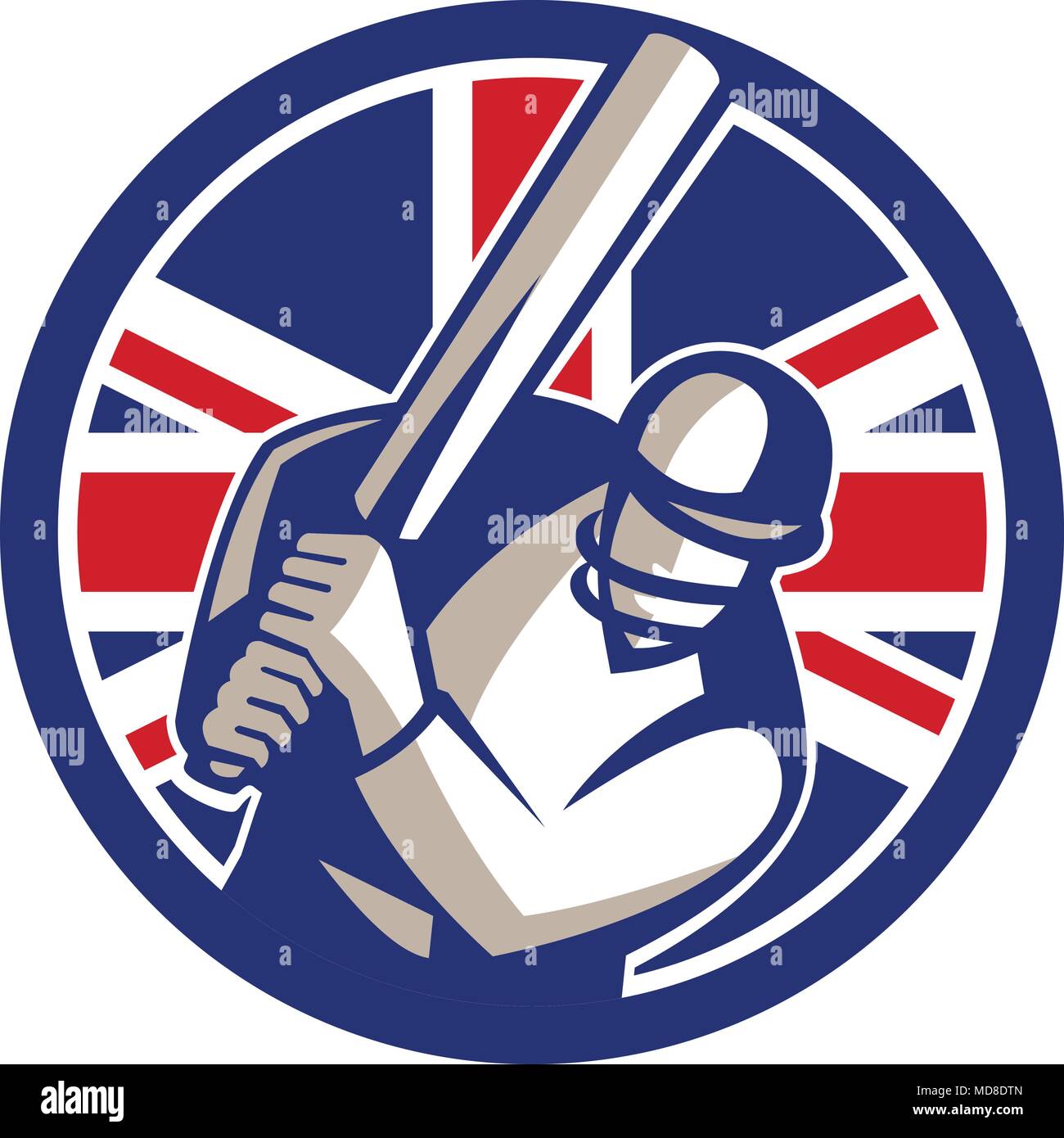 Icon retro style illustration of a British cricket batsman player batting with bat and with United Kingdom UK, Great Britain Union Jack flag set insid Stock Vector
