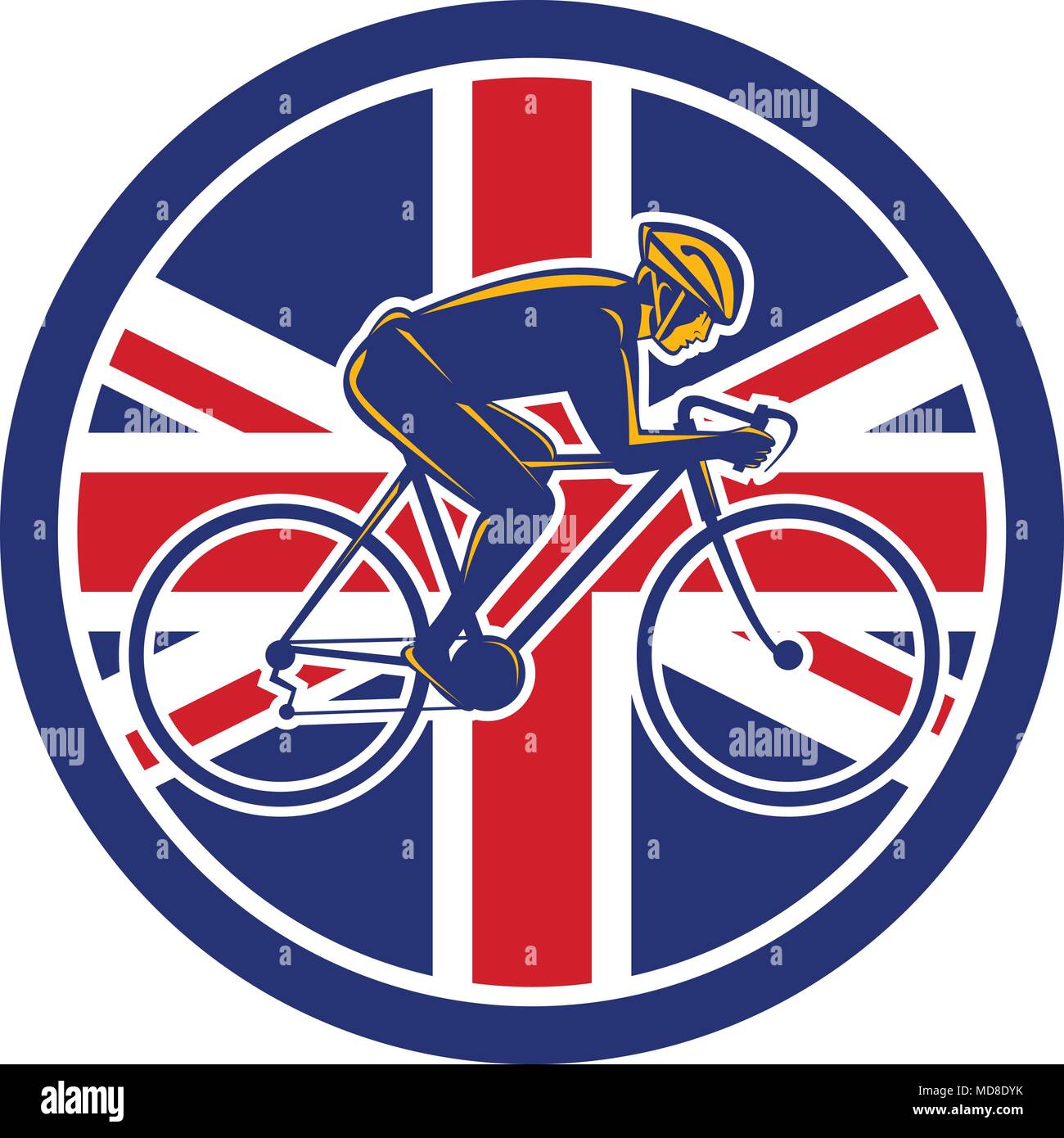 Icon retro style illustration of a British cyclist cycling riding a racing road bicycle viewed from side with United Kingdom UK, Great Britain Union J Stock Vector
