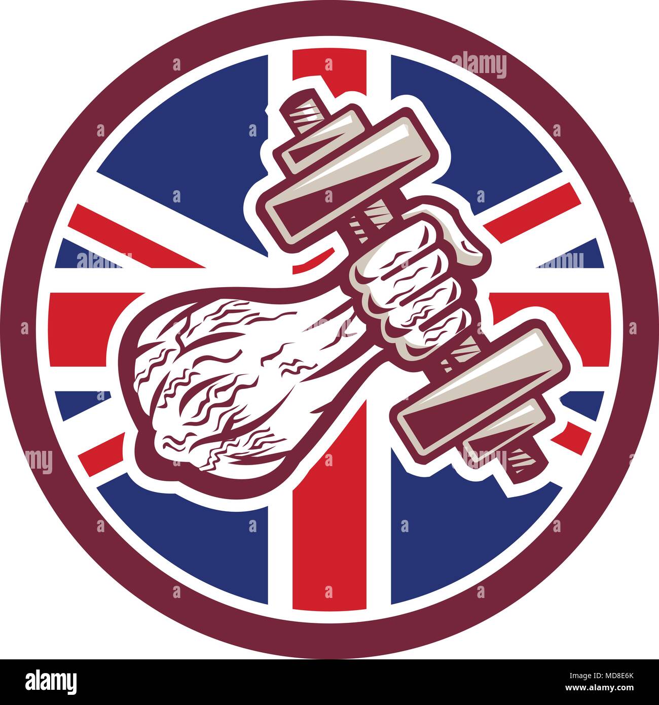 Icon retro style illustration of a British personal trainer ripped hand lifting a dumbbell with United Kingdom UK, Great Britain Union Jack flag set i Stock Vector
