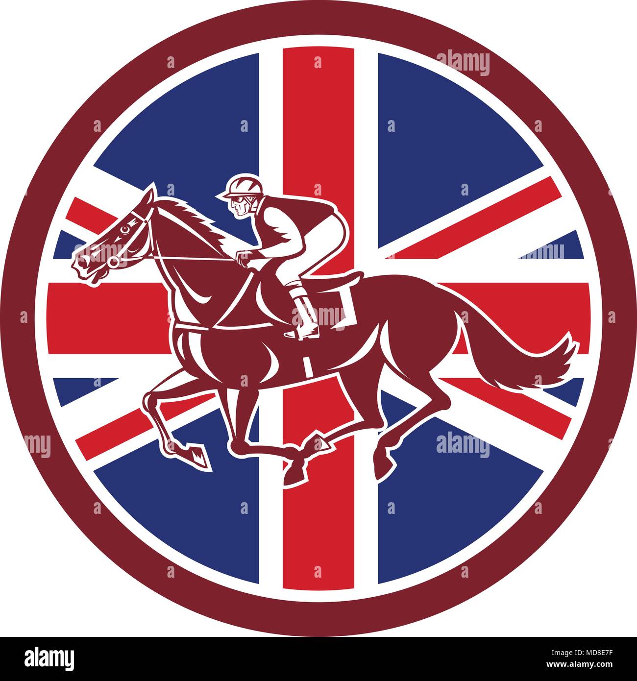Icon retro style illustration of a British jockey or equestrian horse racing viewed from side with United Kingdom UK, Great Britain Union Jack flag se Stock Vector