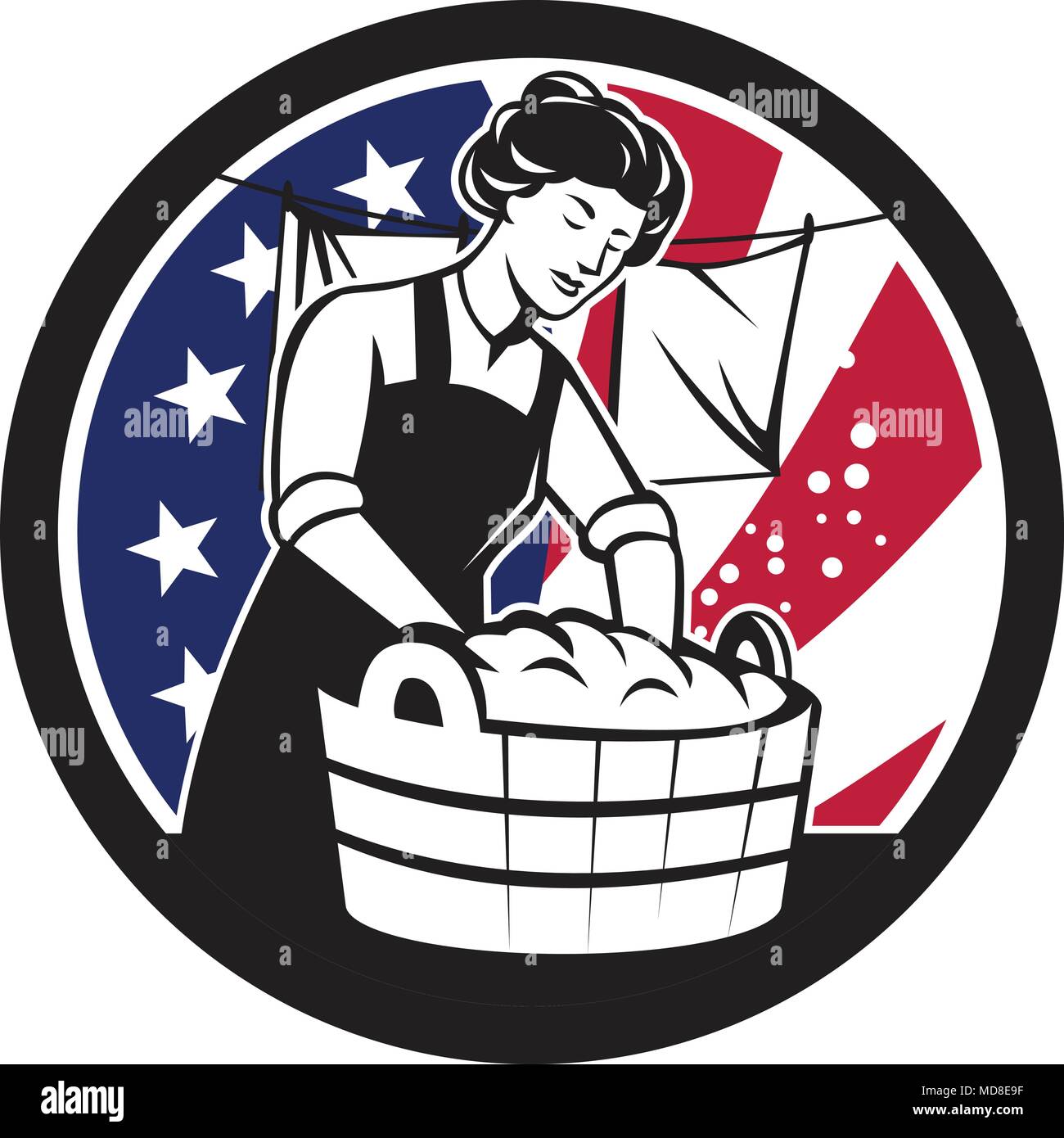 Icon retro style illustration of an vintage American housewife washing laundry with United States of America USA star spangled banner or stars and str Stock Vector