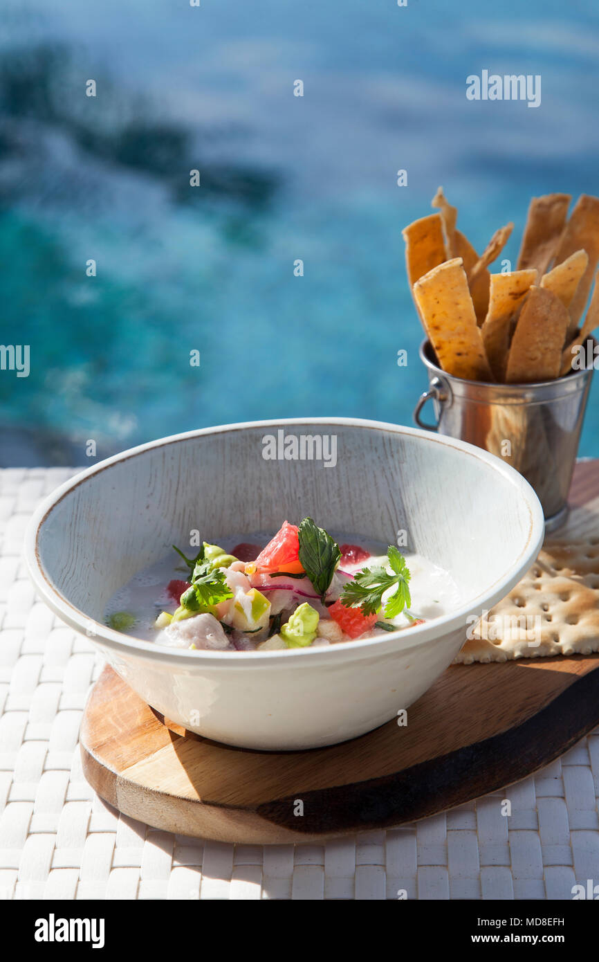 Coconut, green apple and grapefruit ceviche Riviera Nayarit, Mexico Stock Photo