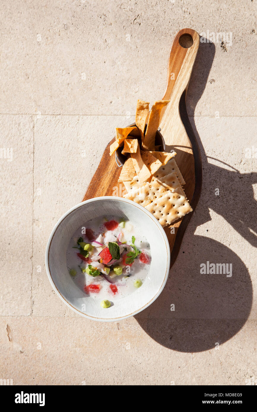 Coconut, green apple and grapefruit ceviche Riviera Nayarit, Mexico Stock Photo