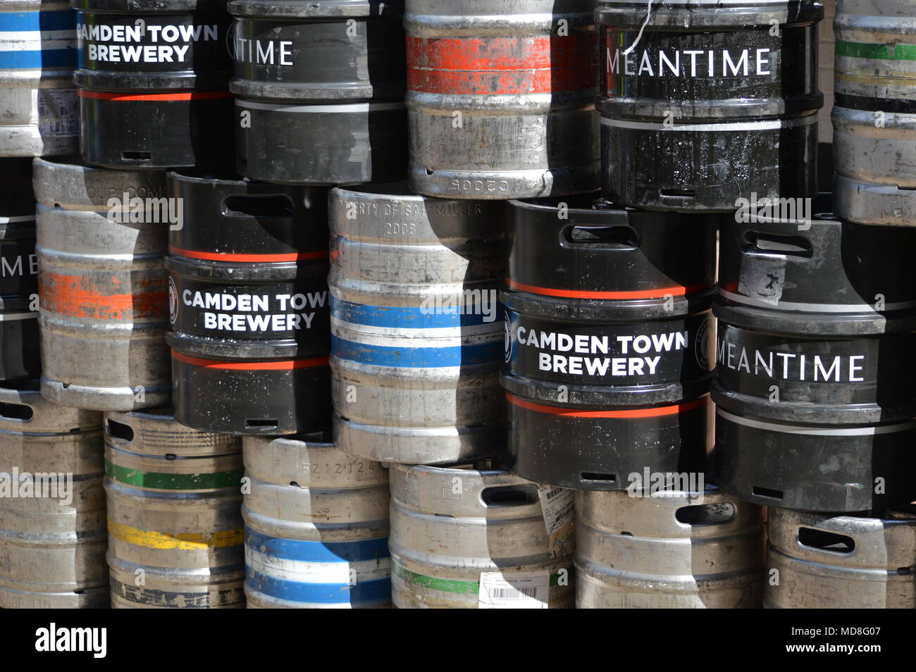 Several beer kegs stacked outside a pub at Southbank, London Stock Photo