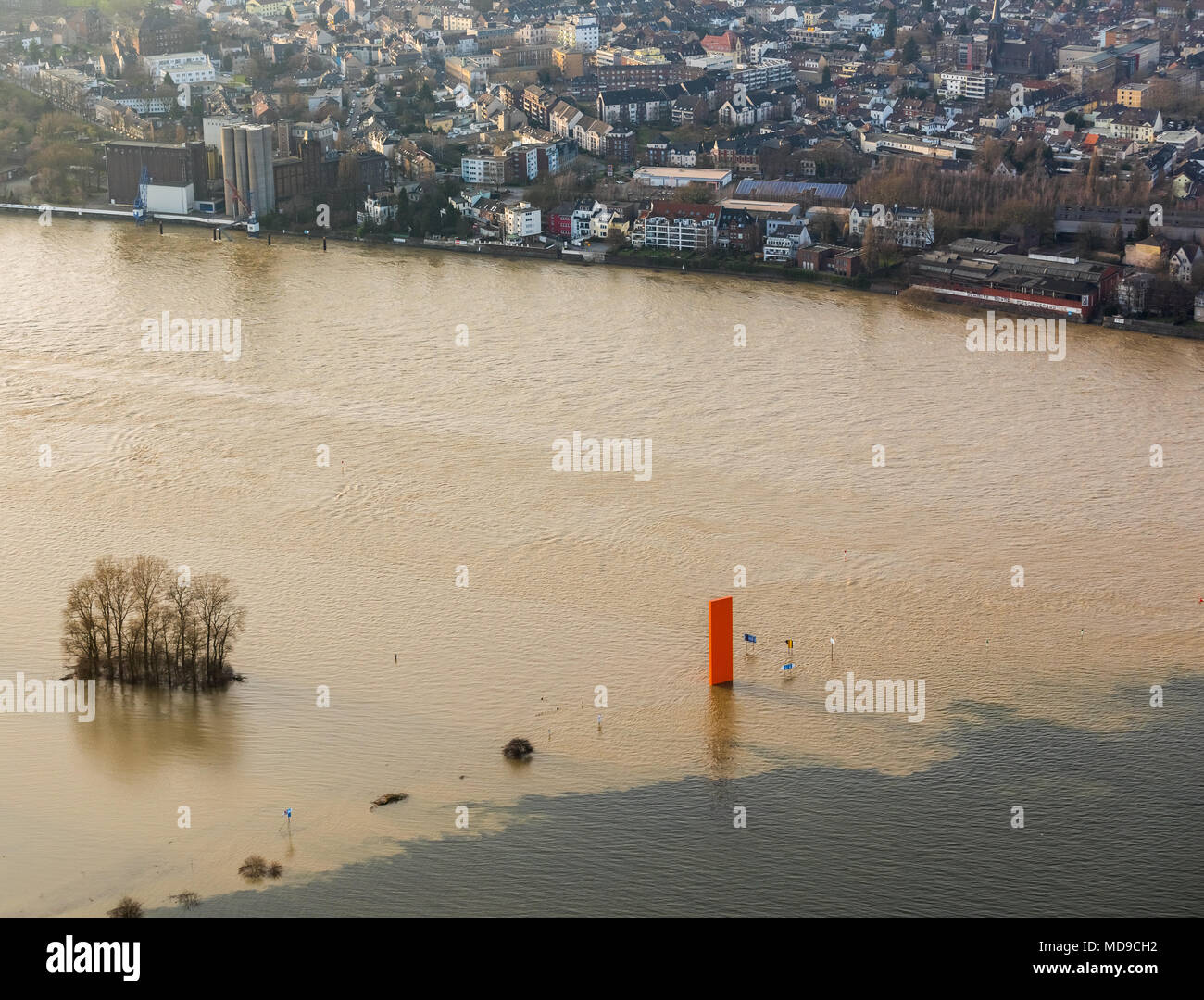 Flood on the Rhine, Rheinorange art work in floodwaters, Duisburg, Ruhr area, North Rhine-Westphalia, Germany Stock Photo