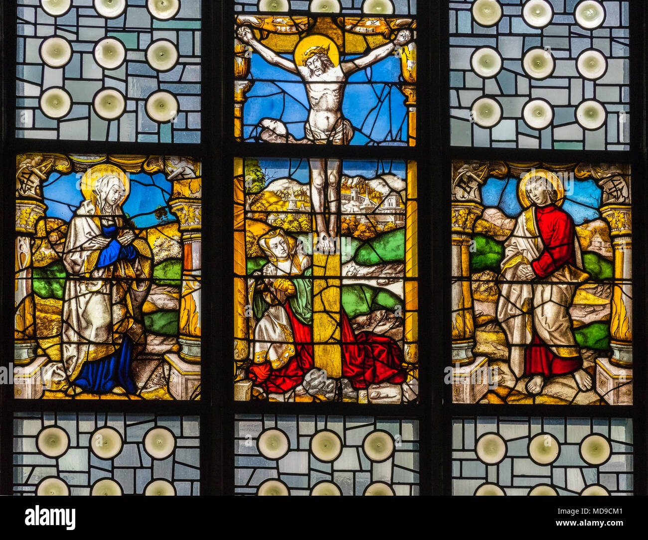 Lamentation of Christ on the Cross, Colored Stained Glass Windows, Renaissance, St. Mary in Lyskirchen Stock Photo